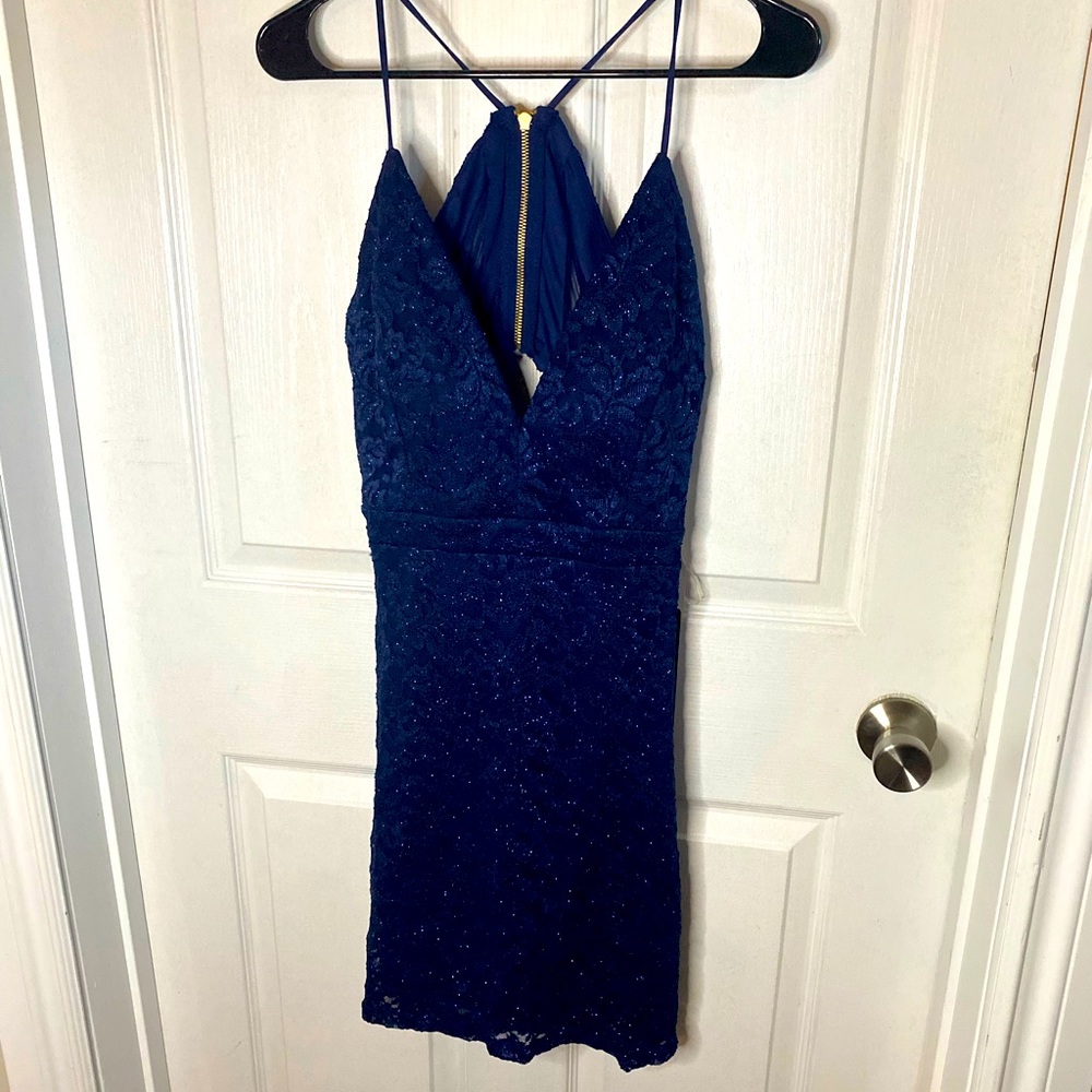 Deep Blue Lace/Sparkly Mini Dress. Size Large.